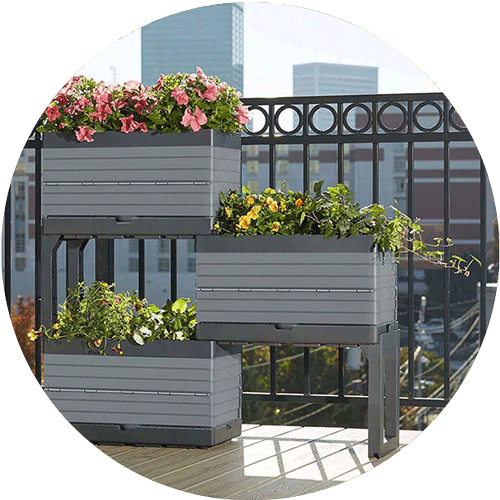 Three gray garden boxes at different heights on a balcony, but they can be rearranged in different ways.